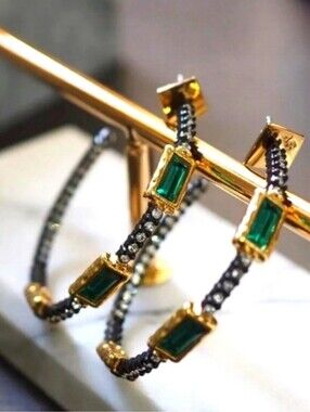 Alexis Bittar Gold Hoop Earrings with GREEN Emerald-Cut Stones! NWOT!!!